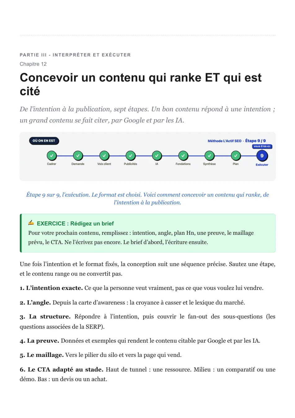 Page du livre L'Actif SEO : Un chapitre et son exercice